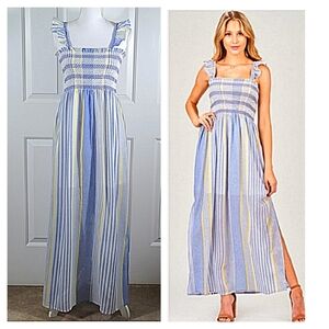 NWT Cotton Maxi Dress Sundress w/ Ruffle Straps Striped Blue Yellow & White